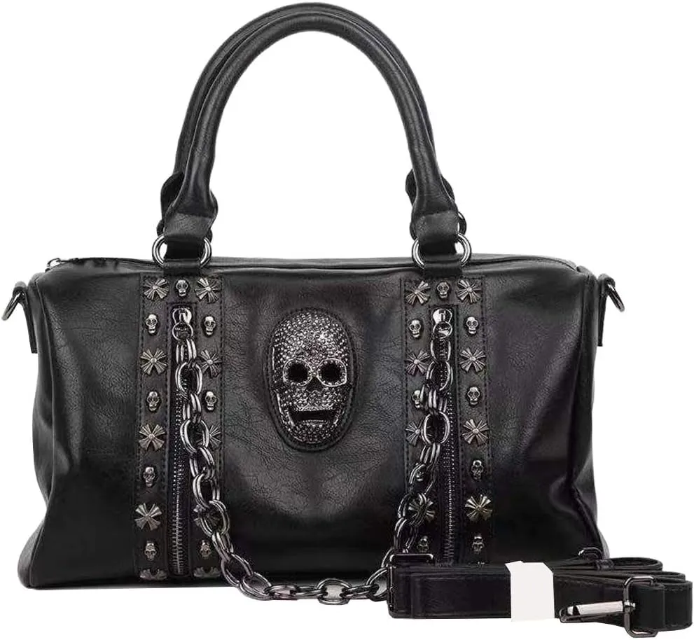 Women Skull Shoulder Bag Rivet Studded Handbag Metal Chain PU Satchels Purses