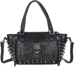 Women Skull Shoulder Handbag PU Leather Rivet Punk Crossbody Bag Black Purses Satchels