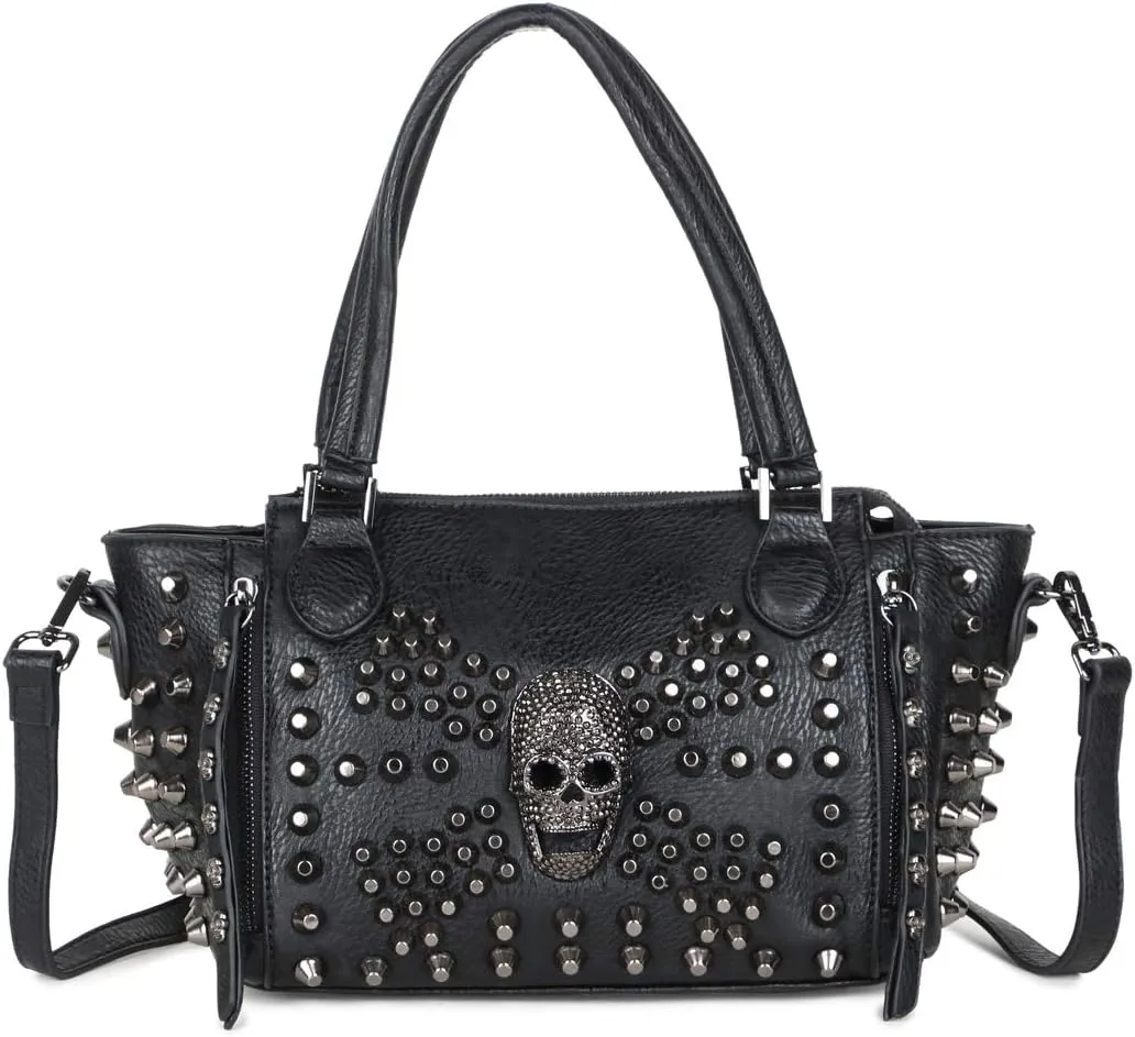 Women Skull Shoulder Handbag PU Leather Rivet Punk Crossbody Bag Black Purses Satchels