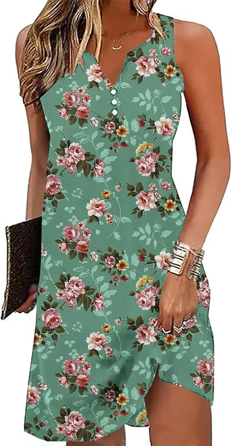 Women Sleeveless Casual Beach Dresses Boho Floral Print Sundress Comfortable Fashion Summer Clothes