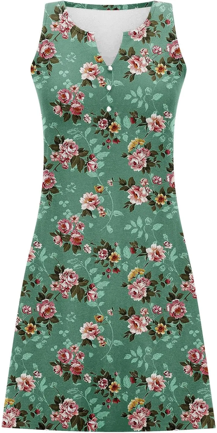 Women Sleeveless Casual Beach Dresses Boho Floral Print Sundress Comfortable Fashion Summer Clothes