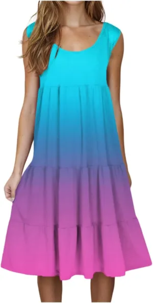 Women Sleeveless Loose Sundresses Gradient Graphic Print Dresses Fashion Casual Beach Tiered Dress