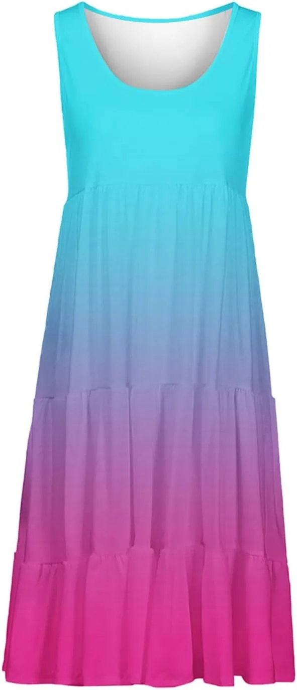 Women Sleeveless Loose Sundresses Gradient Graphic Print Dresses Fashion Casual Beach Tiered Dress