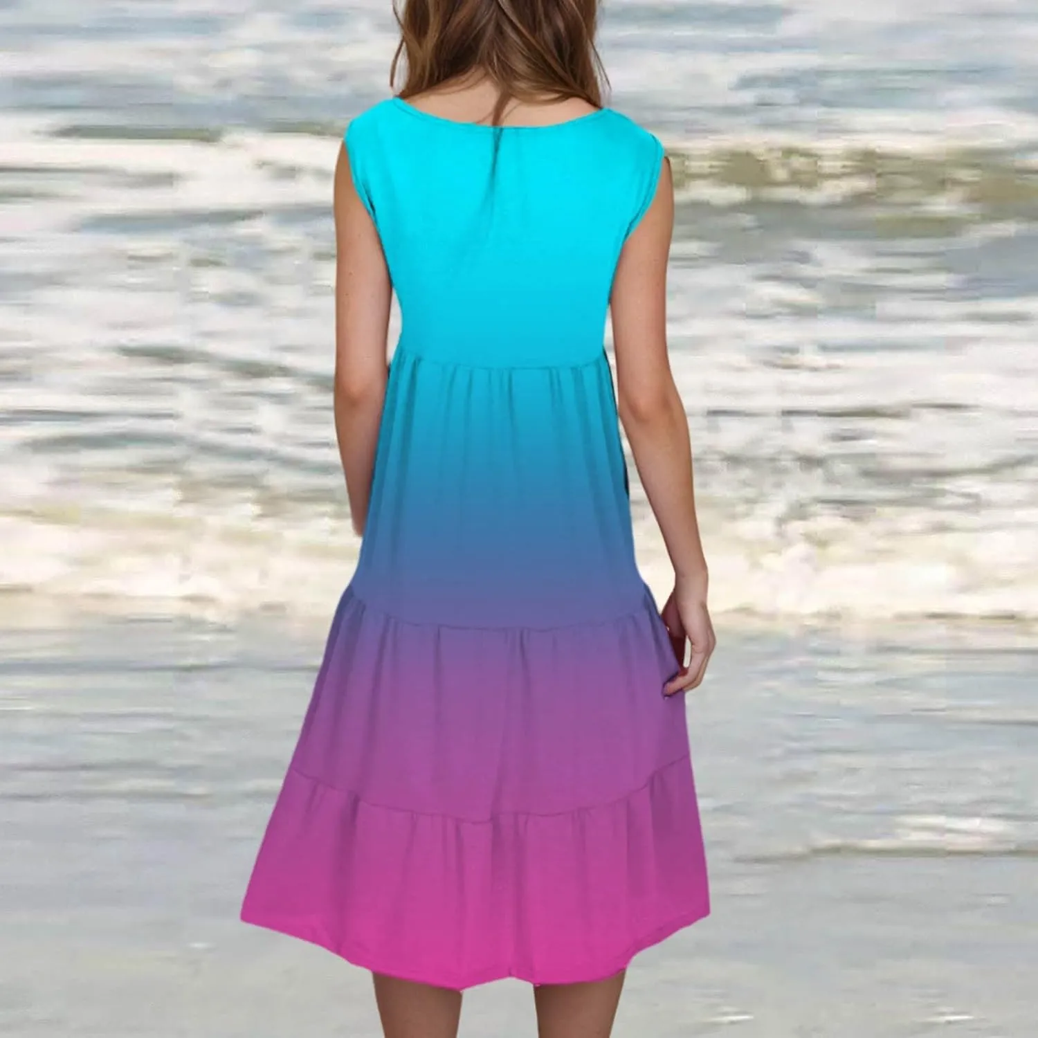 Women Sleeveless Loose Sundresses Gradient Graphic Print Dresses Fashion Casual Beach Tiered Dress