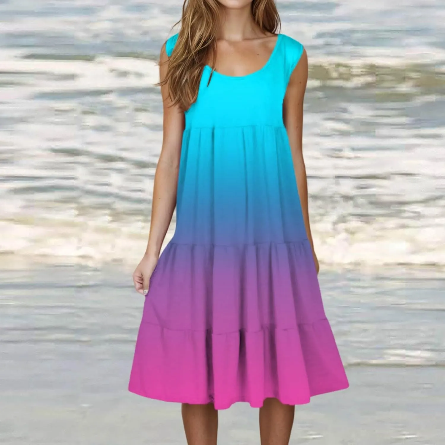 Women Sleeveless Loose Sundresses Gradient Graphic Print Dresses Fashion Casual Beach Tiered Dress