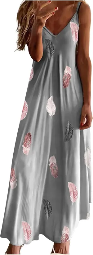 Women Spaghetti Strap Vintage Maxi Dresses Boho Floral Print Sun Dresses Loose Fit Casual Beach Dress