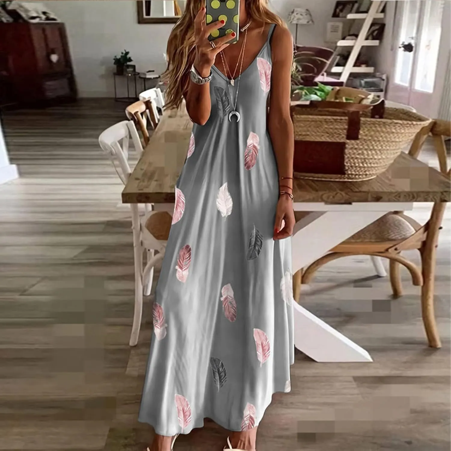 Women Spaghetti Strap Vintage Maxi Dresses Boho Floral Print Sun Dresses Loose Fit Casual Beach Dress
