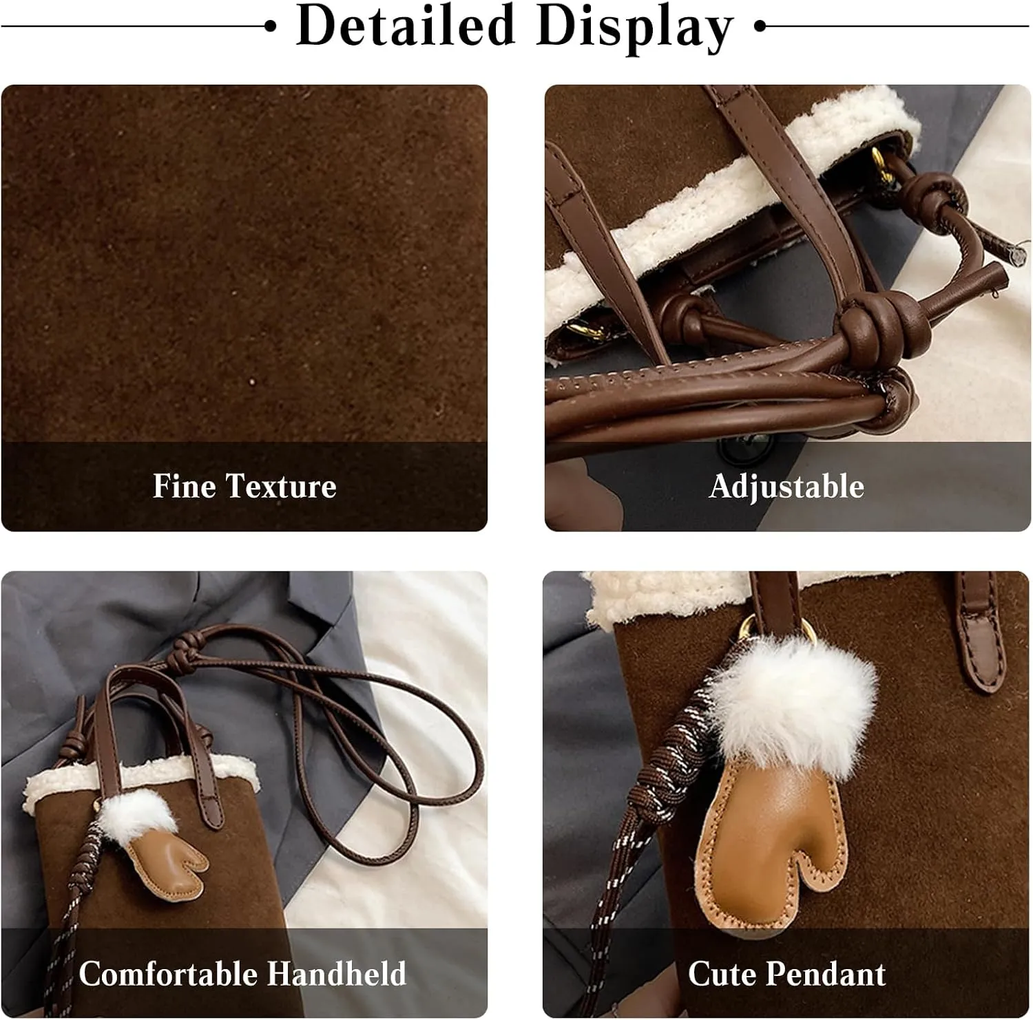 Women Suede Crossbody Bag Handbag with Lamb Wool Vintage Shoulder Bag Soft Plush Top Handle Bag Small Tote Bag
