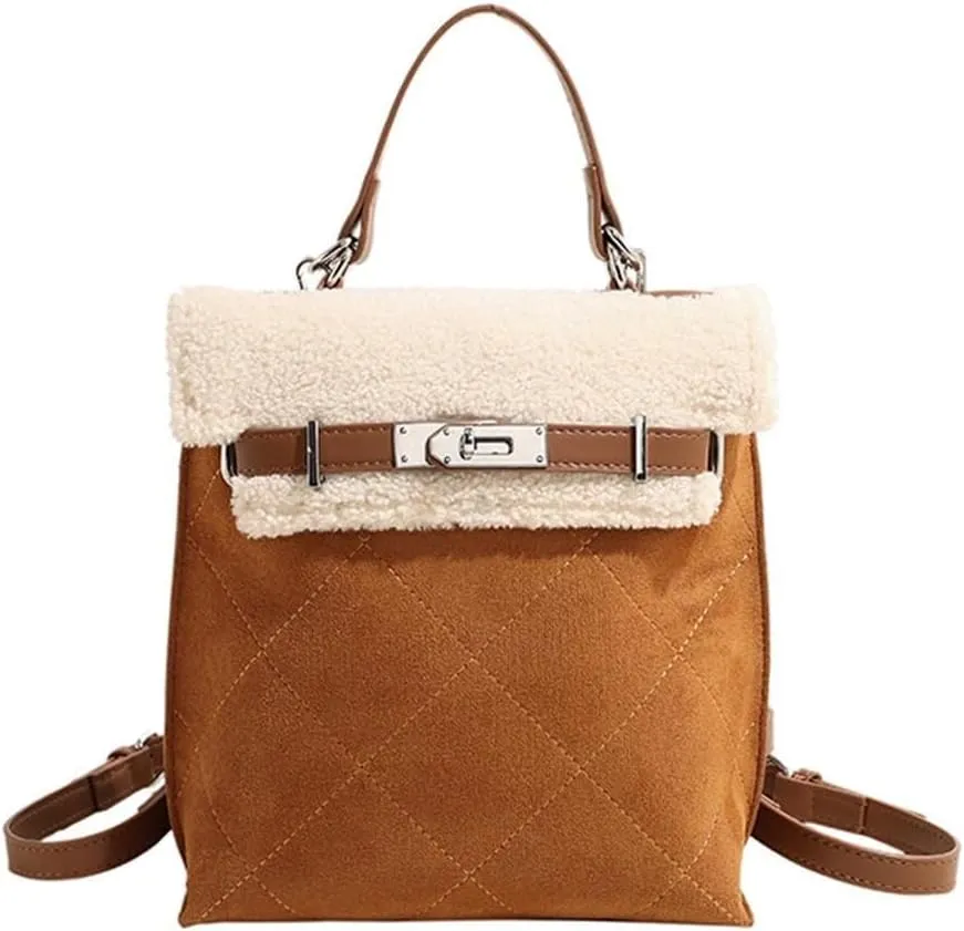 Women Suede Handbag Tote with Lamb Wool Vintage Shoulder Medium Capacity Crossbody Soft Plush Top Handle Satchel