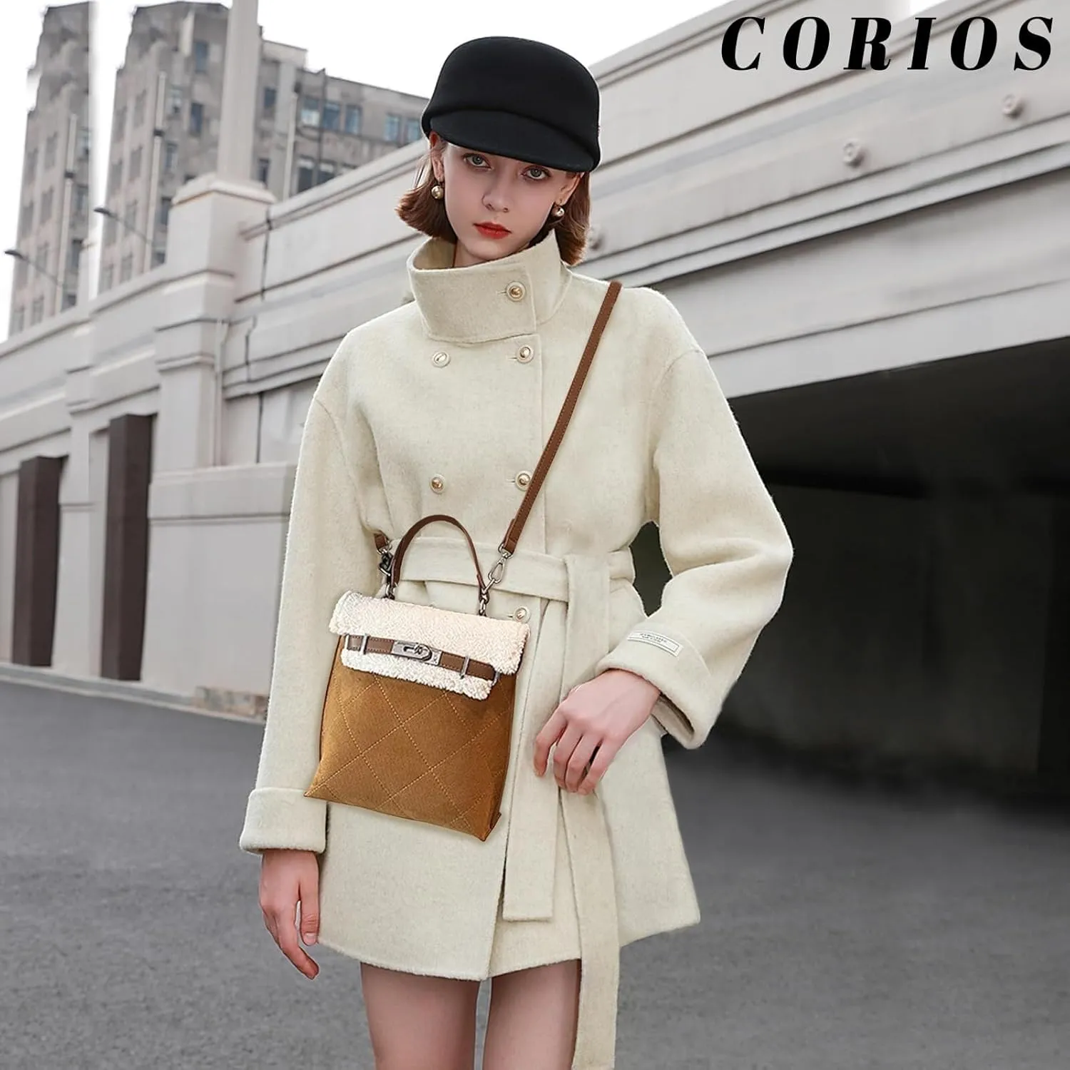 Women Suede Handbag Tote with Lamb Wool Vintage Shoulder Medium Capacity Crossbody Soft Plush Top Handle Satchel