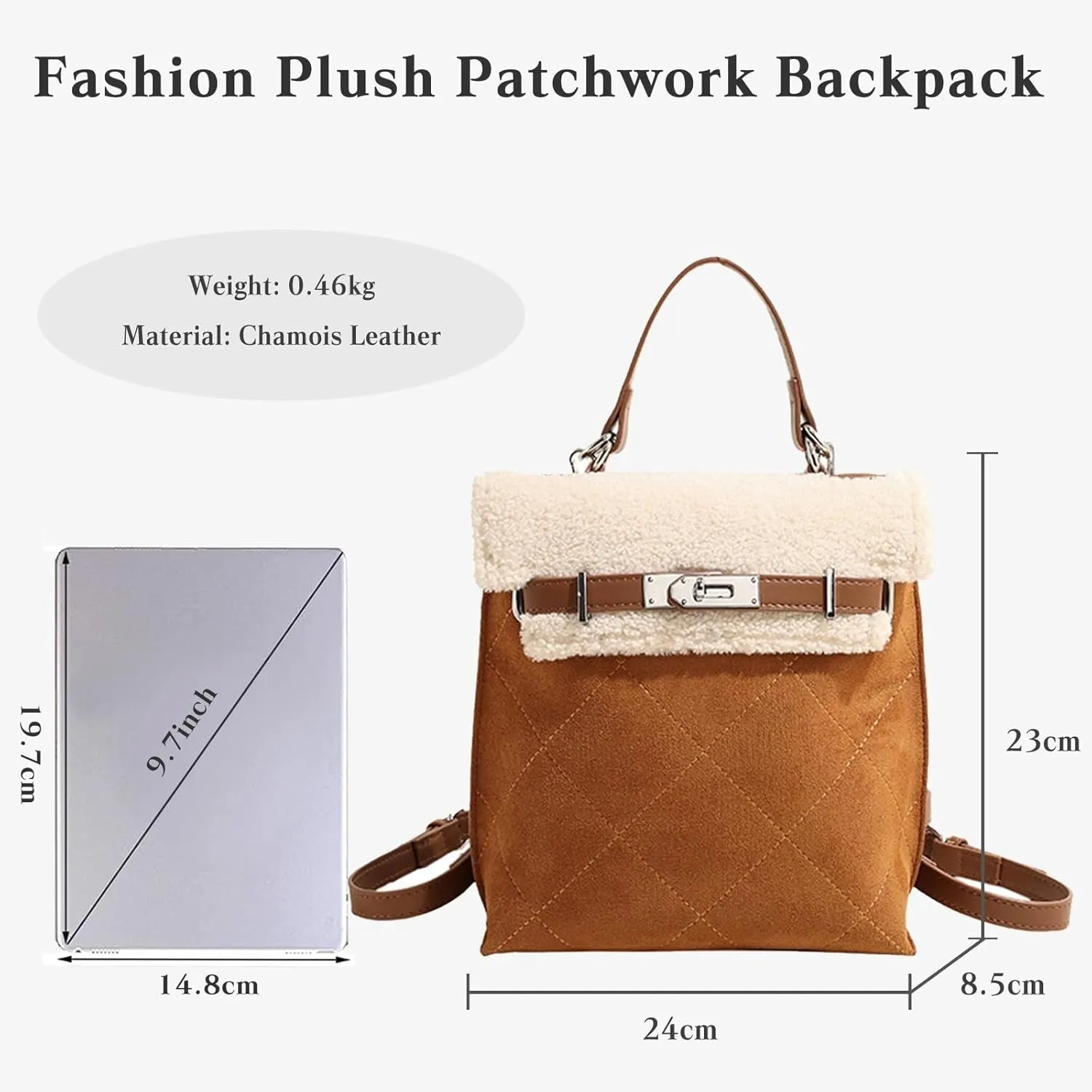 Women Suede Handbag Tote with Lamb Wool Vintage Shoulder Medium Capacity Crossbody Soft Plush Top Handle Satchel