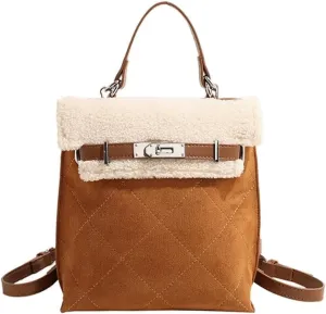 Women Suede Handbag Tote with Lamb Wool Vintage Shoulder Medium Capacity Crossbody Soft Plush Top Handle Satchel