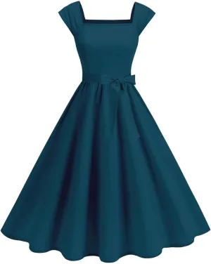 Women Vintage 1950s Rockabilly Audrey Dress Retro Sleeveless A-Line Homecoming Cocktail Party Swing Dresses with Belt