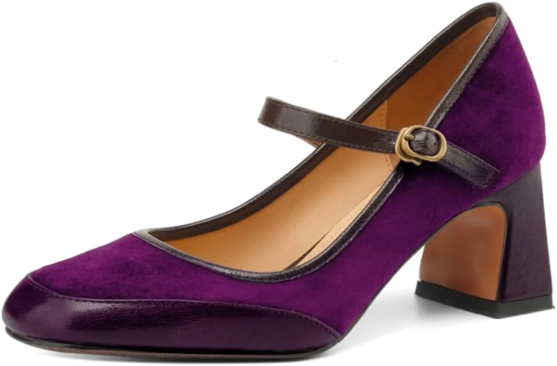 Women Vintage Chunky Heel Mary Jane Pumps Shoes Square Closed Toe Ankle Strap Dress Sandals Suede Matte Mid Block Heels Mary Jane Pumps Buckle Patchwork Party Office Work Wedding 4-11 M US