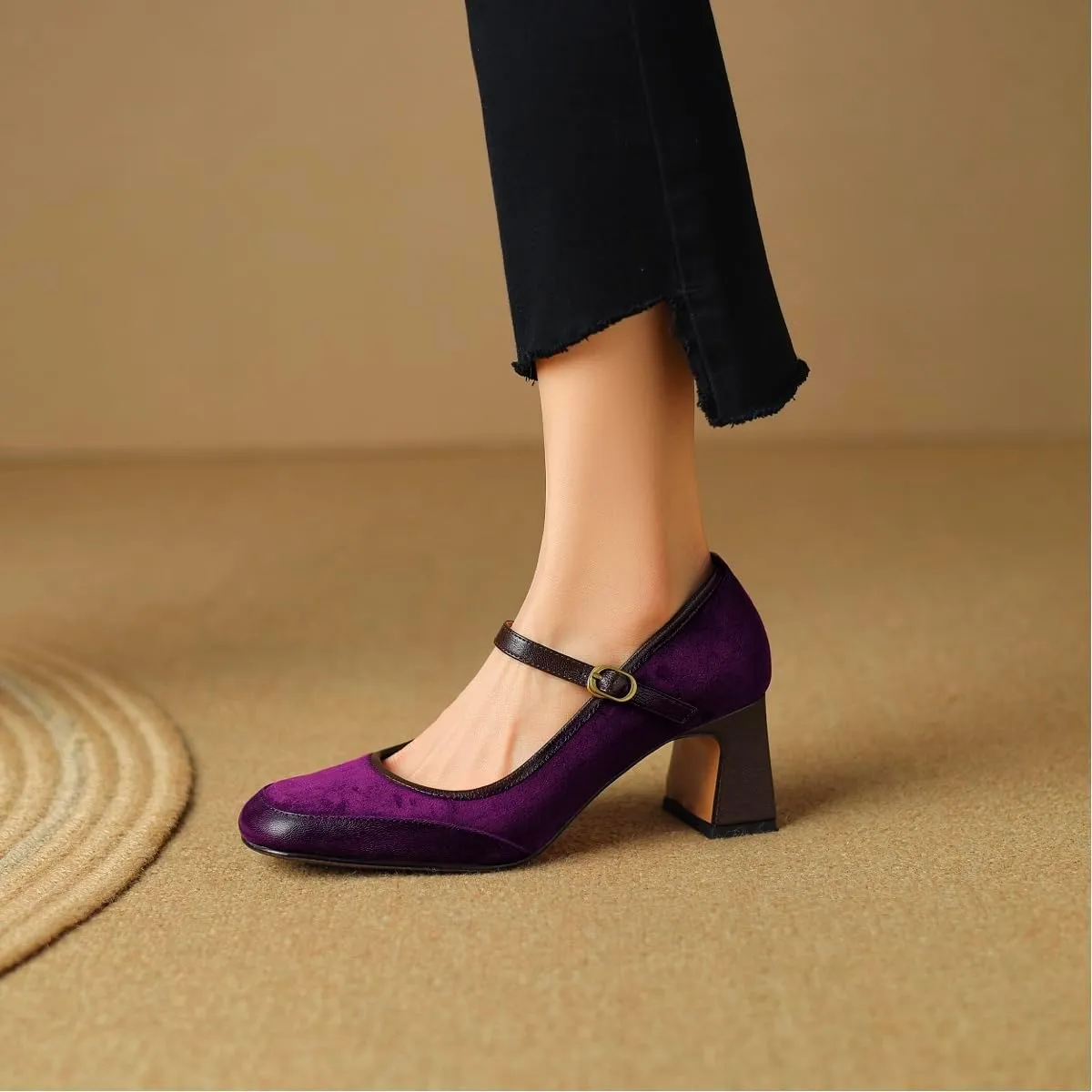 Women Vintage Chunky Heel Mary Jane Pumps Shoes Square Closed Toe Ankle Strap Dress Sandals Suede Matte Mid Block Heels Mary Jane Pumps Buckle Patchwork Party Office Work Wedding 4-11 M US