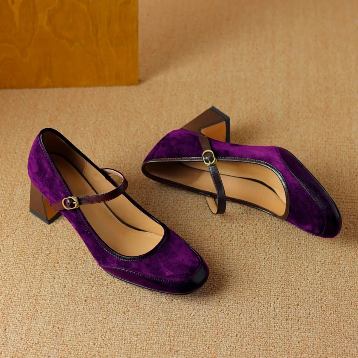 Women Vintage Chunky Heel Mary Jane Pumps Shoes Square Closed Toe Ankle Strap Dress Sandals Suede Matte Mid Block Heels Mary Jane Pumps Buckle Patchwork Party Office Work Wedding 4-11 M US