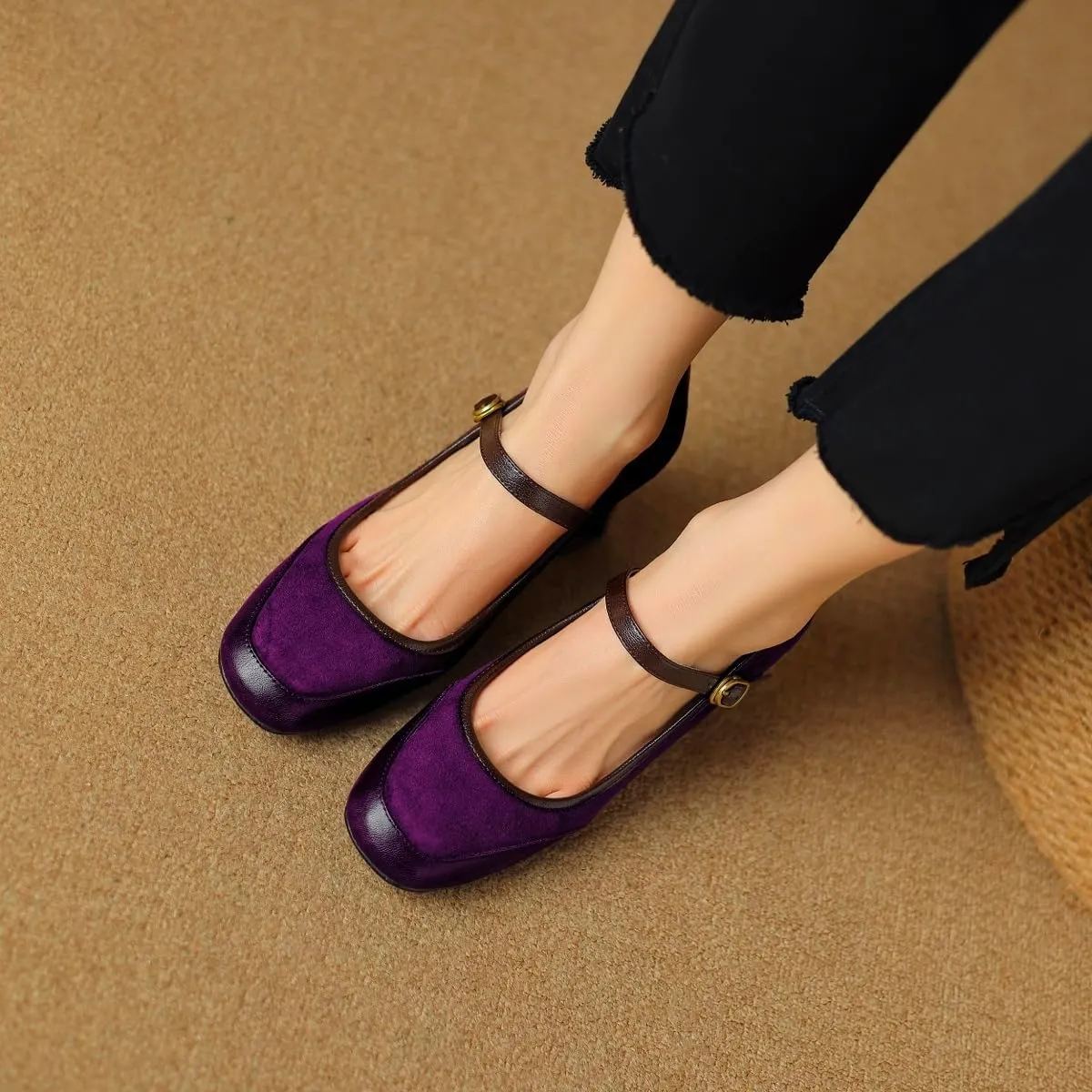 Women Vintage Chunky Heel Mary Jane Pumps Shoes Square Closed Toe Ankle Strap Dress Sandals Suede Matte Mid Block Heels Mary Jane Pumps Buckle Patchwork Party Office Work Wedding 4-11 M US
