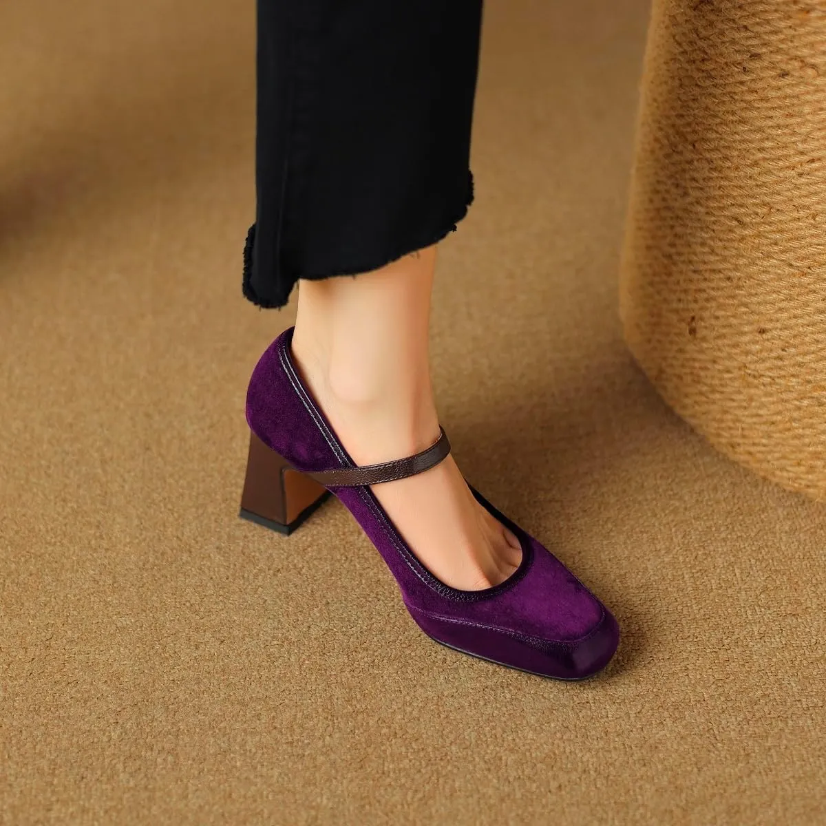 Women Vintage Chunky Heel Mary Jane Pumps Shoes Square Closed Toe Ankle Strap Dress Sandals Suede Matte Mid Block Heels Mary Jane Pumps Buckle Patchwork Party Office Work Wedding 4-11 M US