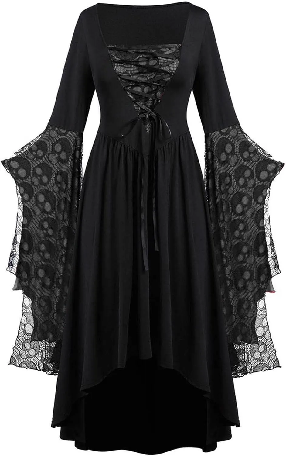 Women Vintage Maxi Dresses Gothic Plus Size Skull Lace Print Halloween Party Dress Long Sleeve Bandage Swing Dress