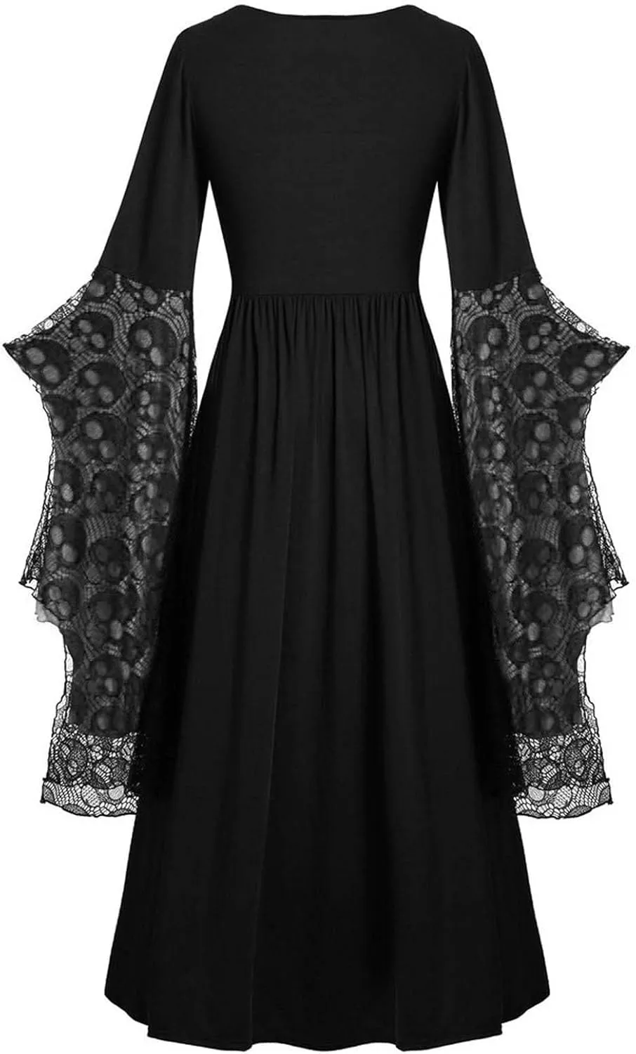 Women Vintage Maxi Dresses Gothic Plus Size Skull Lace Print Halloween Party Dress Long Sleeve Bandage Swing Dress