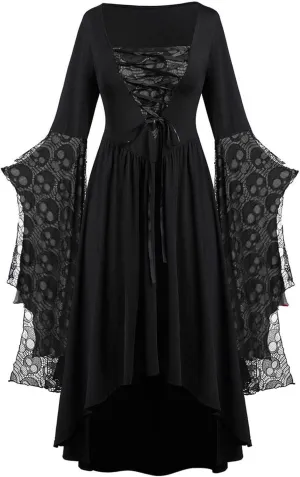 Women Vintage Maxi Dresses Gothic Plus Size Skull Lace Print Halloween Party Dress Long Sleeve Bandage Swing Dress