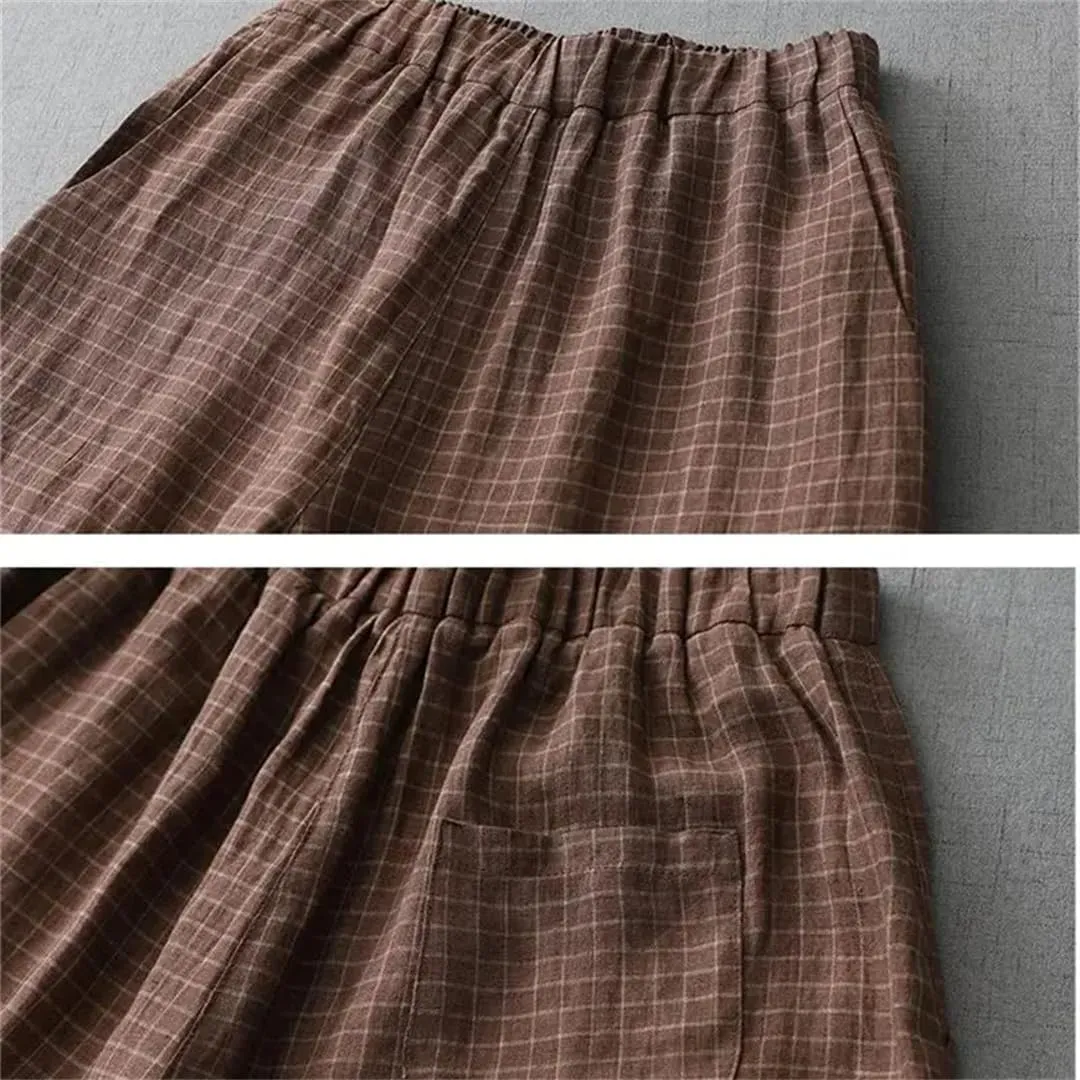 Women Vintage Plaid Wide Leg Pants Linen Pockets Elastic Waist Casual Loose Trousers