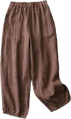 Women Vintage Plaid Wide Leg Pants Linen Pockets Elastic Waist Casual Loose Trousers