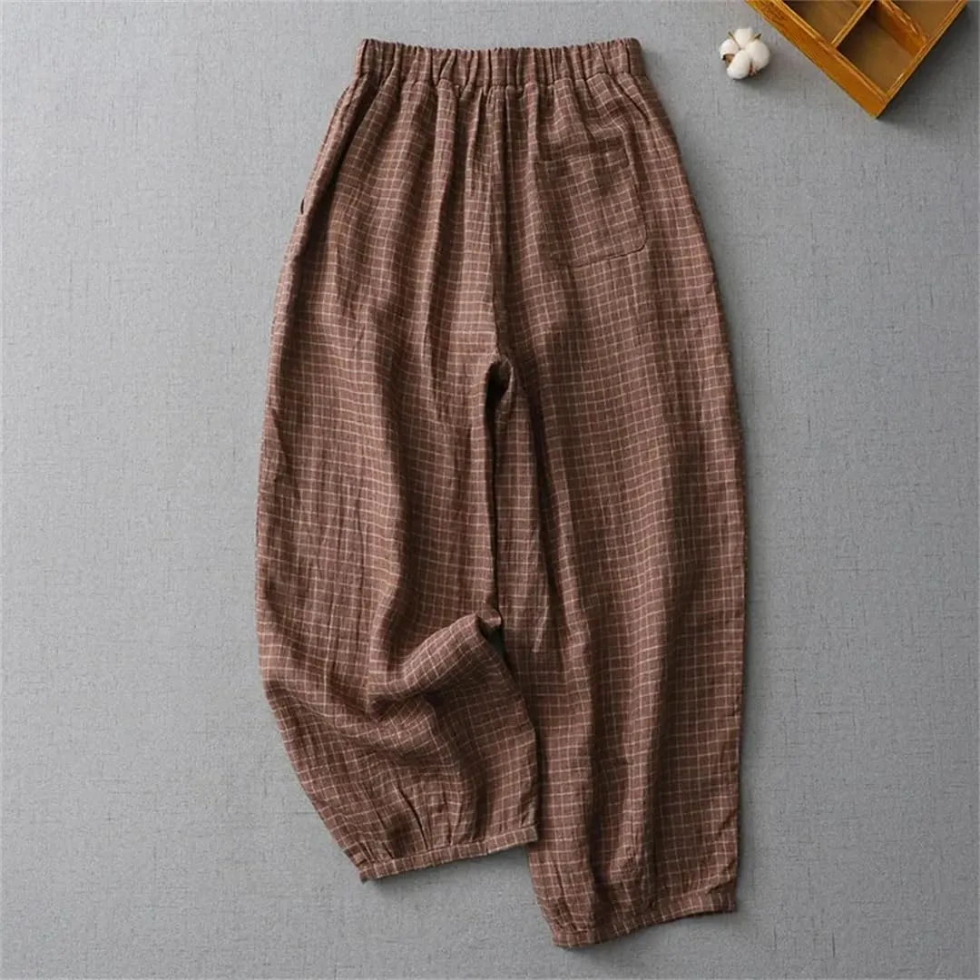 Women Vintage Plaid Wide Leg Pants Linen Pockets Elastic Waist Casual Loose Trousers