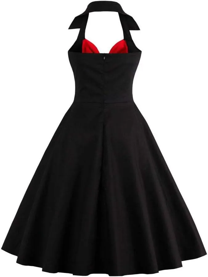 Women Vintage Polka Dot 1950s Rockabilly Halter Audrey Dress Retro Floral Evening Cocktail Swing Dress
