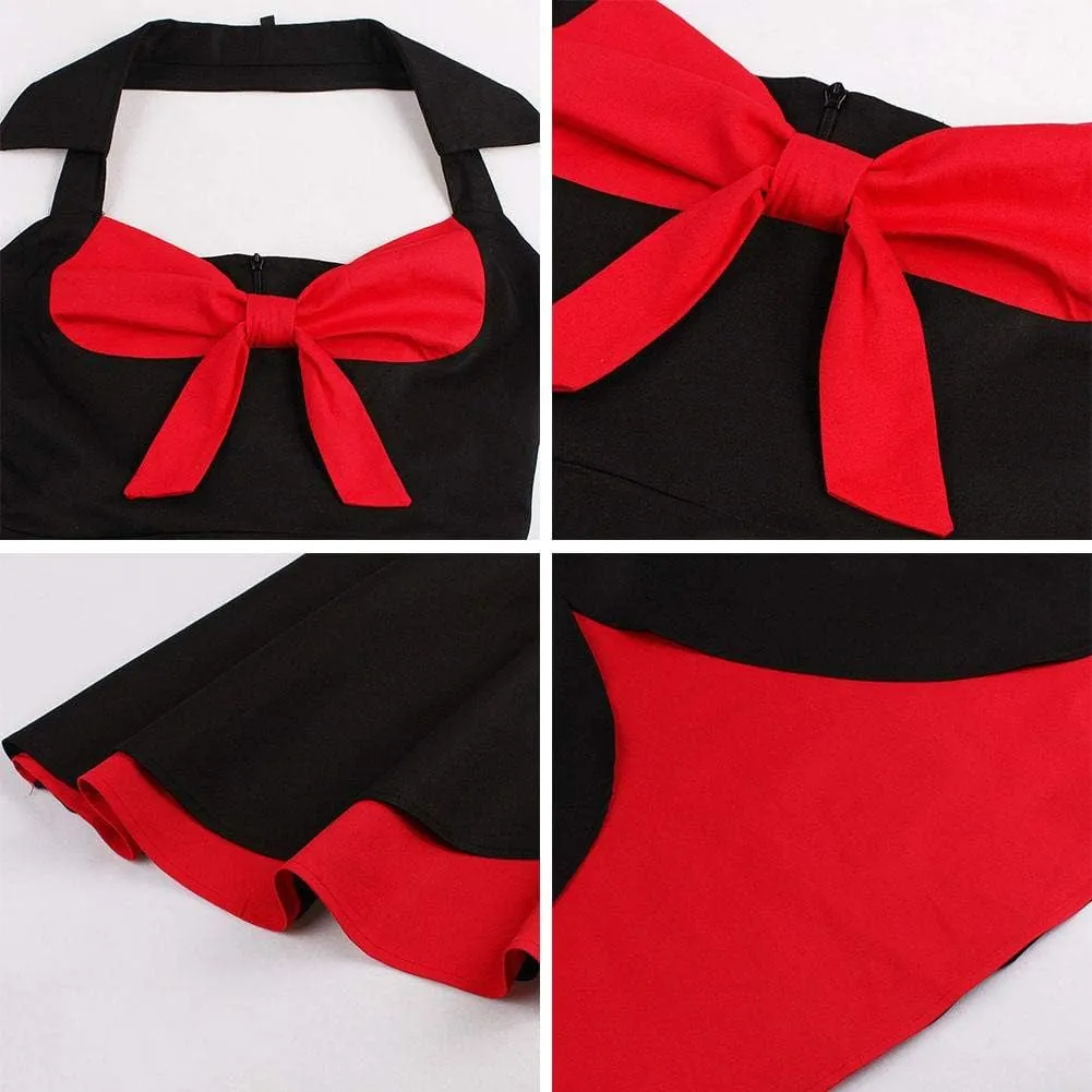Women Vintage Polka Dot 1950s Rockabilly Halter Audrey Dress Retro Floral Evening Cocktail Swing Dress