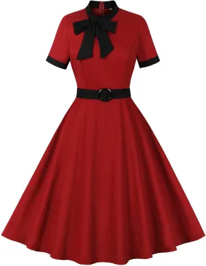 Womens 1950s Burgundy Cocktail Dresses Retro Short Sleeve A Line Swing Dress Bow Mock Neck Elegant Midi Party Dresses