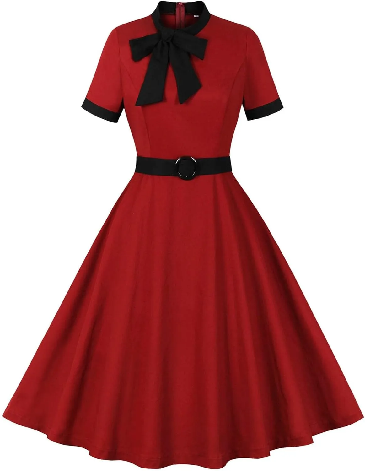Womens 1950s Burgundy Cocktail Dresses Retro Short Sleeve A Line Swing Dress Bow Mock Neck Elegant Midi Party Dresses