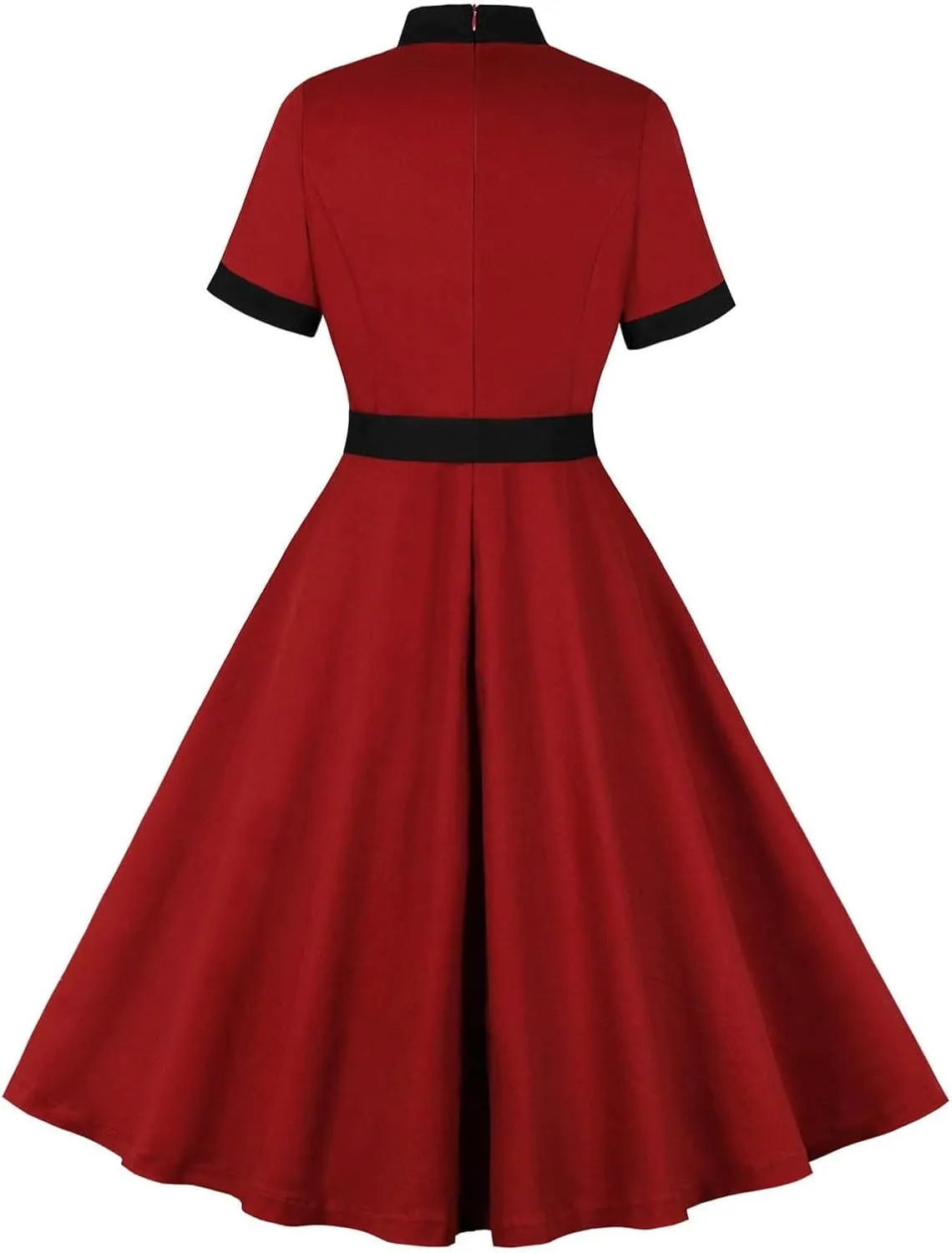Womens 1950s Burgundy Cocktail Dresses Retro Short Sleeve A Line Swing Dress Bow Mock Neck Elegant Midi Party Dresses