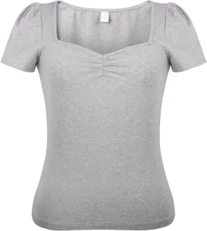 Women's 1950s Rockabilly Tops, Cute Cotton Elastic Vintage Style Knit Shirts, Dressy Casual Soft Blouse for Women