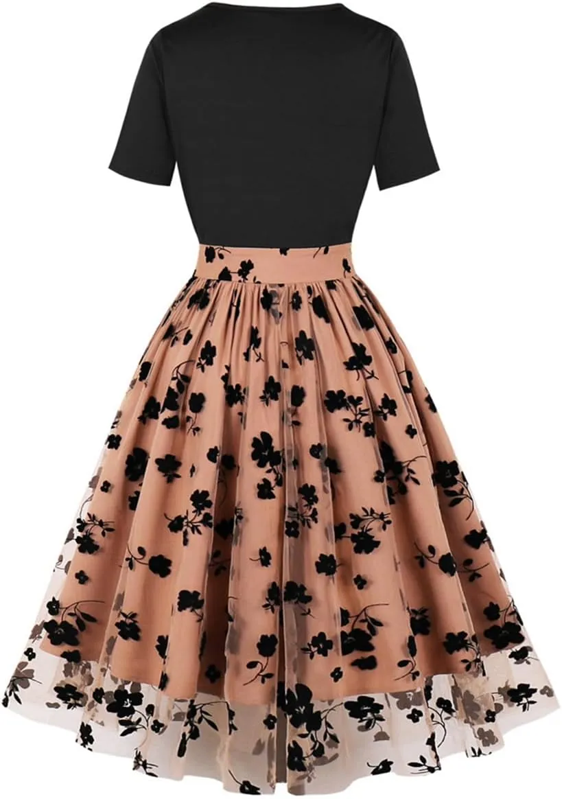 Womens 1950s Vintage Cocktail Party Dress Long Sleeve Polka Dots Mesh Retro Rockabilly Swing Dresses Fall Dress
