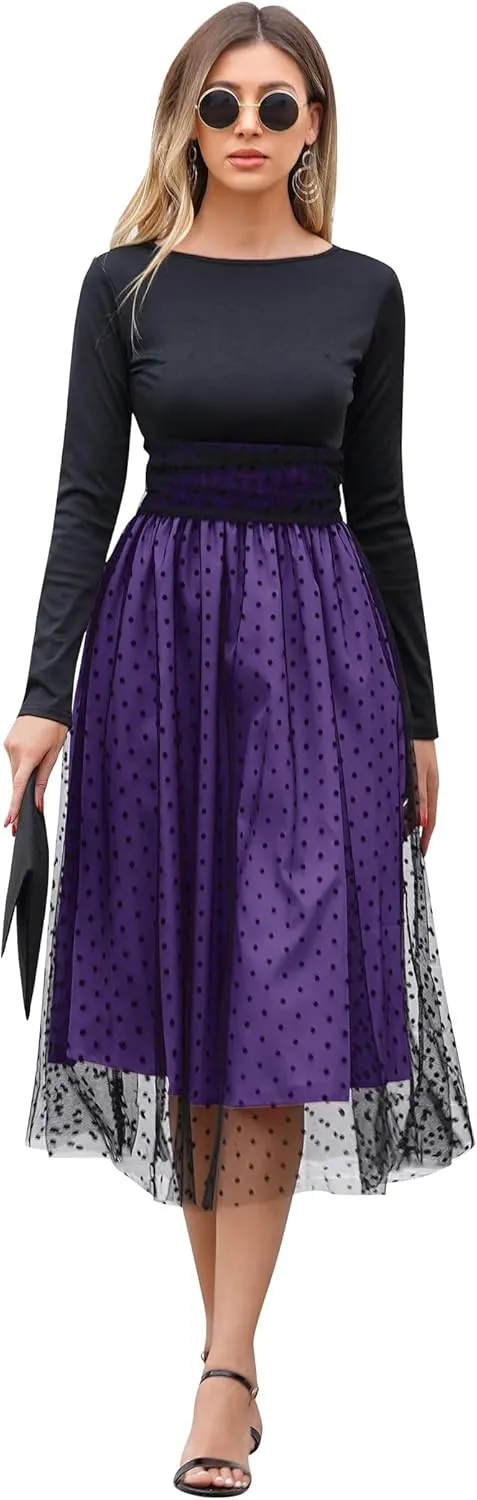 Womens 1950s Vintage Cocktail Party Dress Long Sleeve Polka Dots Mesh Retro Rockabilly Swing Dresses Fall Dress