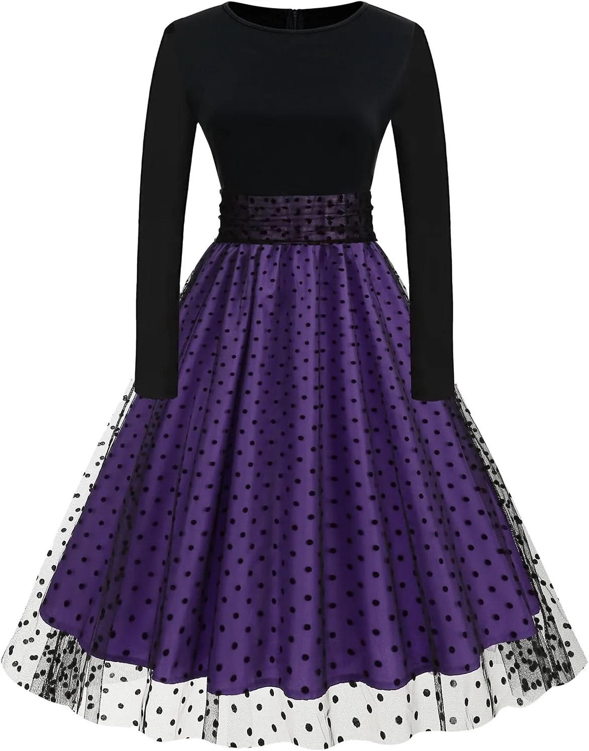 Womens 1950s Vintage Cocktail Party Dress Long Sleeve Polka Dots Mesh Retro Rockabilly Swing Dresses Fall Dress