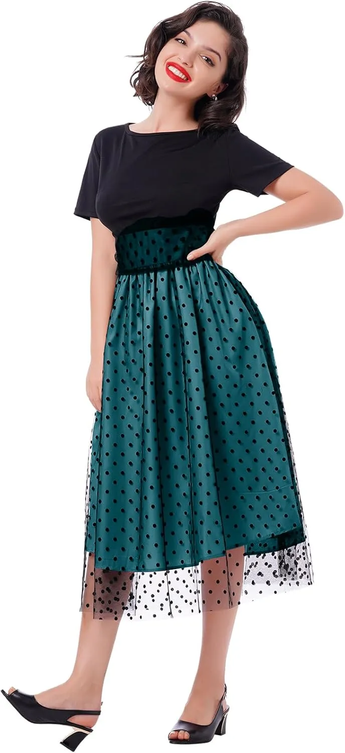 Womens 1950s Vintage Cocktail Party Dress Long Sleeve Polka Dots Mesh Retro Rockabilly Swing Dresses Fall Dress