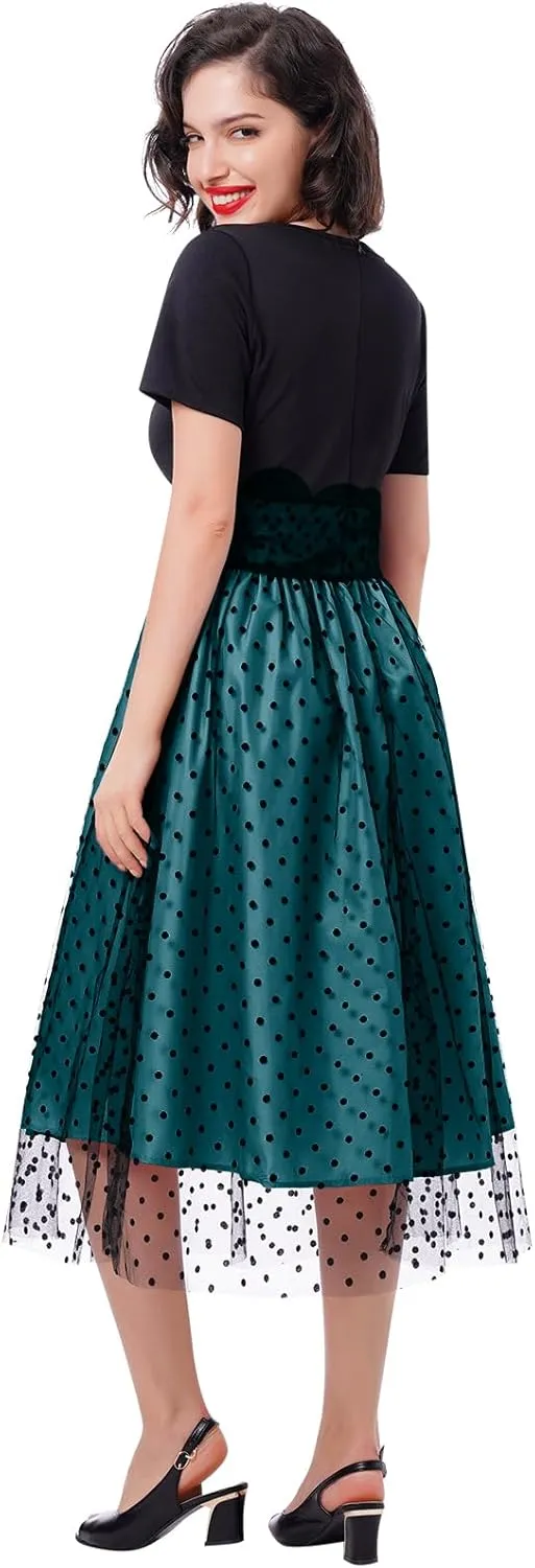Womens 1950s Vintage Cocktail Party Dress Long Sleeve Polka Dots Mesh Retro Rockabilly Swing Dresses Fall Dress