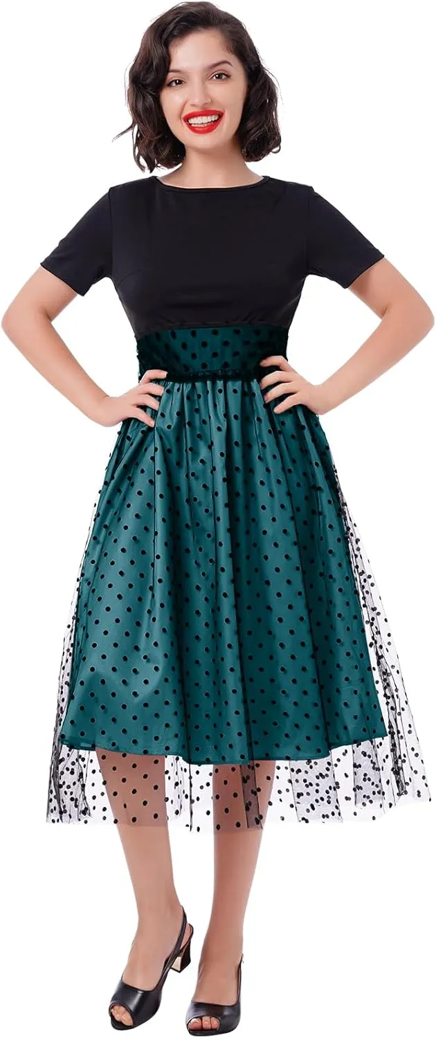 Womens 1950s Vintage Cocktail Party Dress Long Sleeve Polka Dots Mesh Retro Rockabilly Swing Dresses Fall Dress