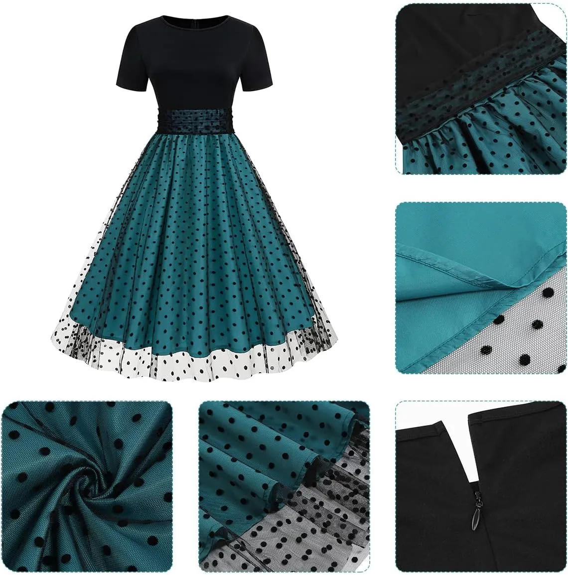 Womens 1950s Vintage Cocktail Party Dress Long Sleeve Polka Dots Mesh Retro Rockabilly Swing Dresses Fall Dress
