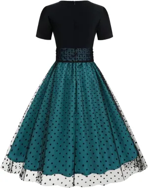 Womens 1950s Vintage Cocktail Party Dress Long Sleeve Polka Dots Mesh Retro Rockabilly Swing Dresses Fall Dress