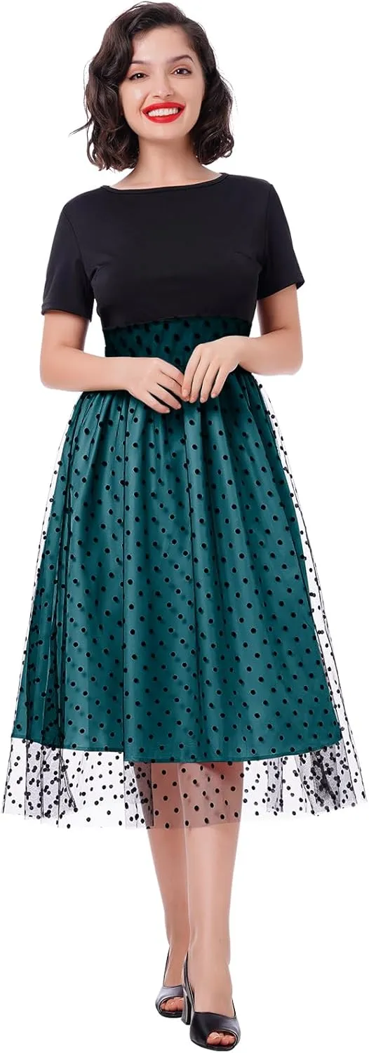 Womens 1950s Vintage Cocktail Party Dress Long Sleeve Polka Dots Mesh Retro Rockabilly Swing Dresses Fall Dress