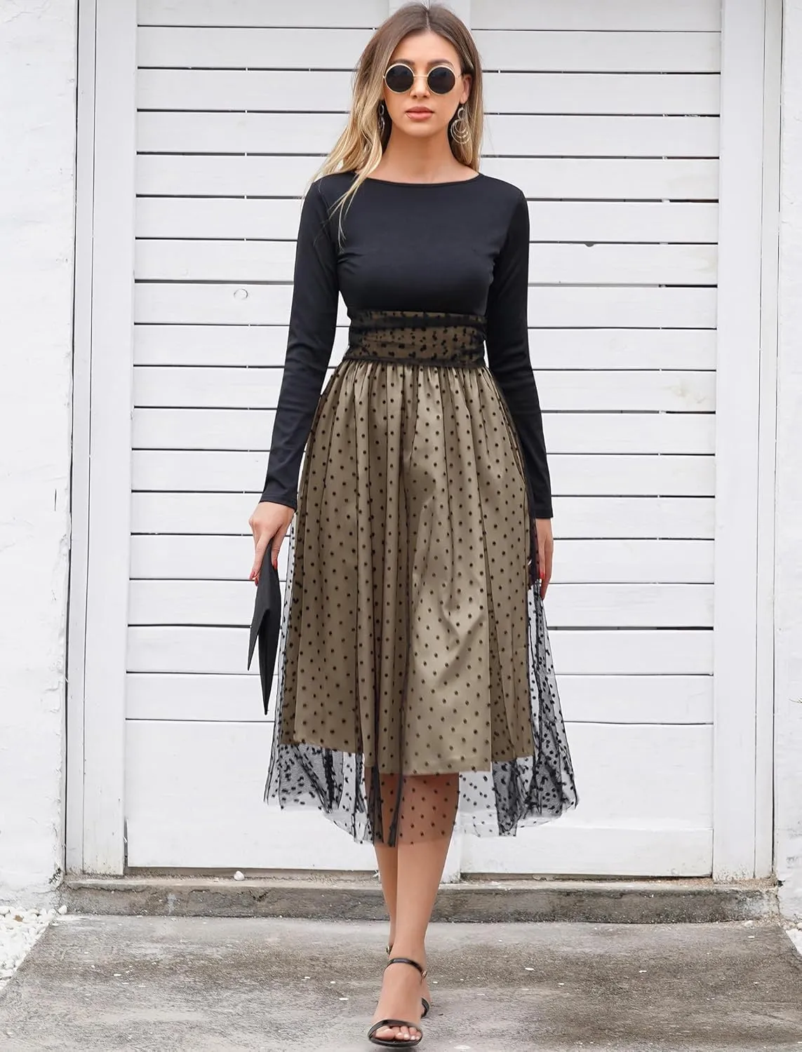 Womens 1950s Vintage Cocktail Party Dress Long Sleeve Polka Dots Mesh Retro Rockabilly Swing Dresses Fall Dress