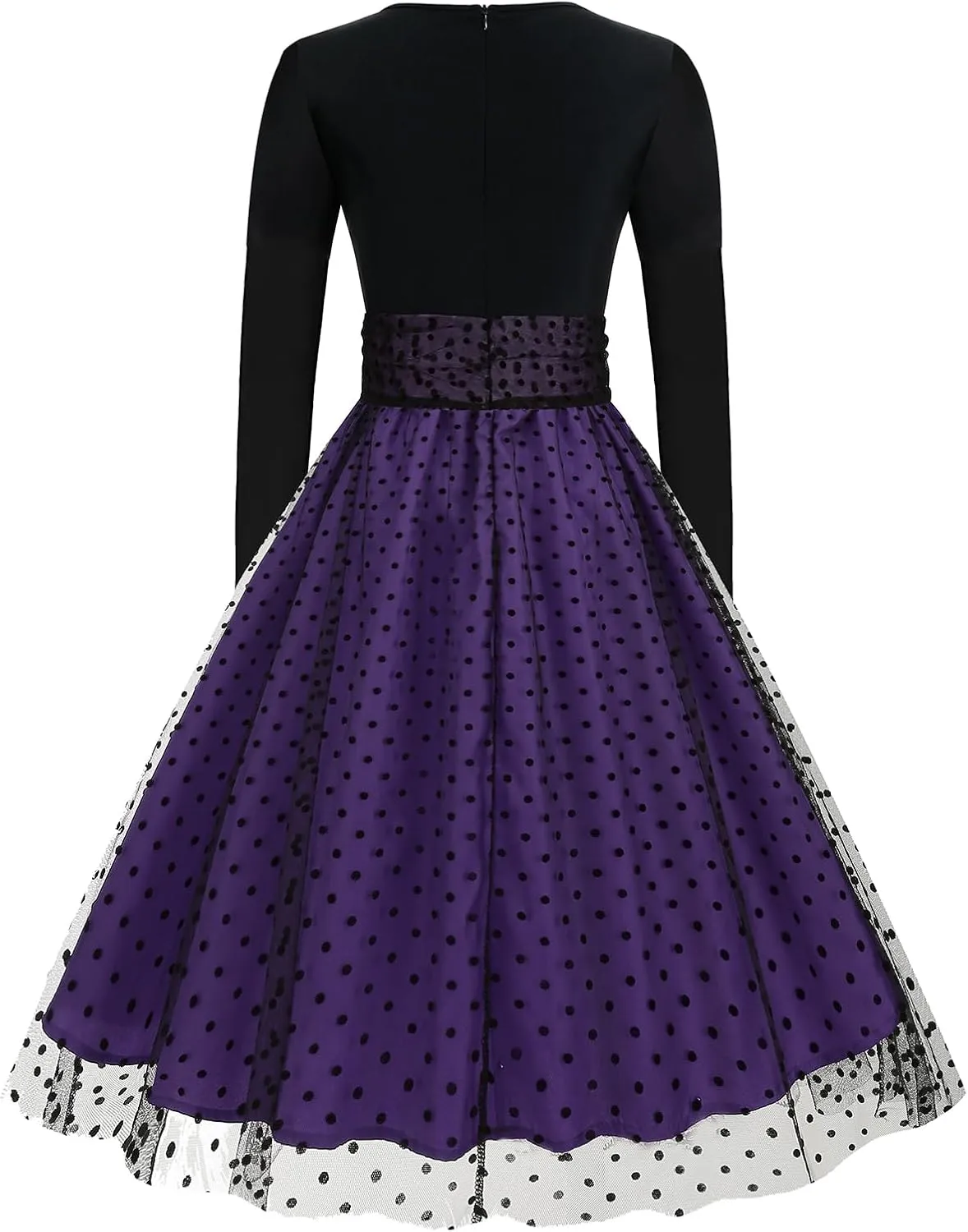 Womens 1950s Vintage Cocktail Party Dress Long Sleeve Polka Dots Mesh Retro Rockabilly Swing Dresses Fall Dress