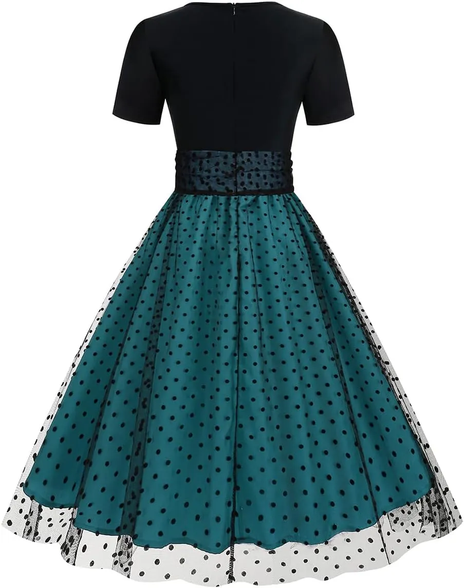 Womens 1950s Vintage Cocktail Party Dress Long Sleeve Polka Dots Mesh Retro Rockabilly Swing Dresses Fall Dress