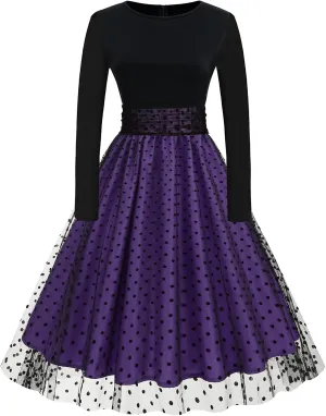 Womens 1950s Vintage Cocktail Party Dress Long Sleeve Polka Dots Mesh Retro Rockabilly Swing Dresses Fall Dress