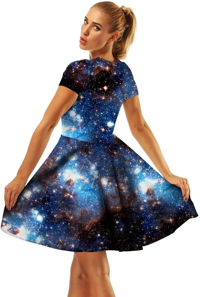 Women's 3D Print Short Sleeve Casual Flared Swing Midi Dress