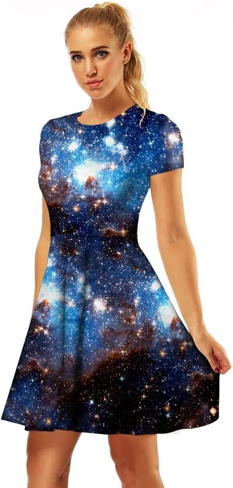 Women's 3D Print Short Sleeve Casual Flared Swing Midi Dress