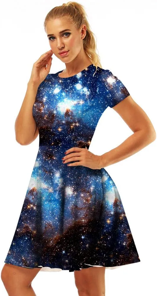 Women's 3D Print Short Sleeve Casual Flared Swing Midi Dress